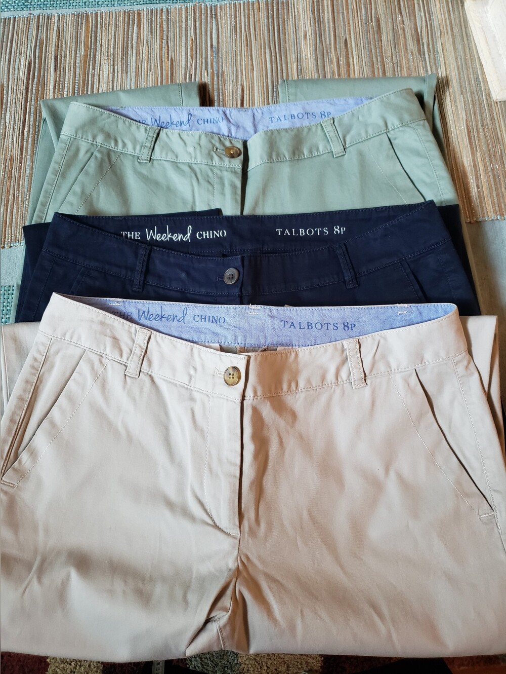 3 Pair Talbots Weekend Chino Pants - 8P - Excellent Condition- Stone, Navy, Sage